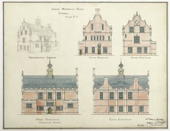 Watercolour and pen elevations of a design for the Inglis Memorial Hall, Edzell, (1896) by William Bonner Hopkins.