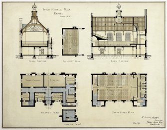 Watercolour and pen sections of a design for the Inglis Memorial Hall, Edzell, (1896) by William Bonner Hopkins.