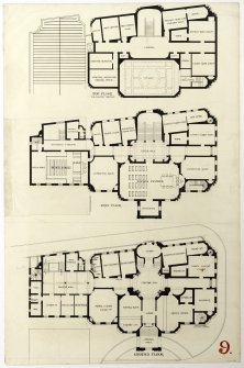 Pen ground floor, first floor and top floor plans of a design for the Midlothian County Buildings, Edinburgh (1899) by William Bonner Hopkins.