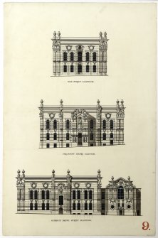 Pen elevations of a design for the Midlothian County Buildings, Edinburgh (1899) by William Bonner Hopkins.