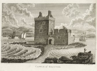 Engraving showing view of Rosyth Castle with sailing ships in the background.