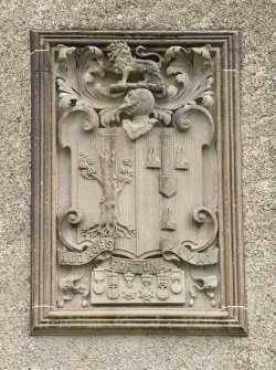 Detail of armorial panel on north west gable