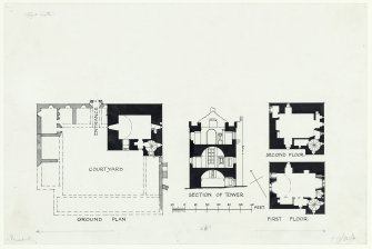 Publication drawing showing plans and section of tower, Rosyth Castle.