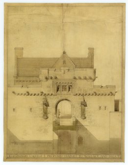 Drawing, after conservation, of elevation of Gateway with proposed statues to Bruce & Wallace.