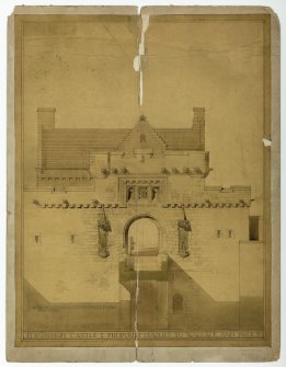 Drawing, before conservation, of elevation of Gateway with proposed statues to Bruce & Wallace.