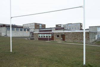 Thurso High School, Ormlie Road. General view through rugby posts on playing fields to south