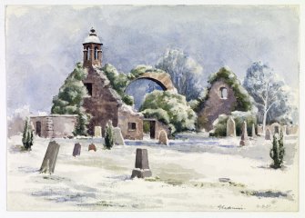 View of Gladsmuir Old Parish Church and churchyard in snow.