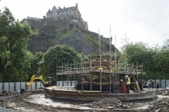 Fountain dismantled to lower level, view from north west with castle behind