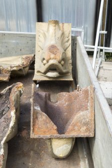 Detail of dolphin water spout cover in trailer.