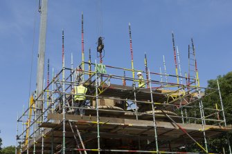 View of fountain with scaffolding.