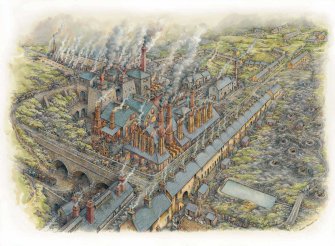 A reconstruction drawing of the Wilsontown Ironworks by illustrator Michael Blackmore.