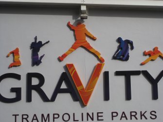 Detail of singage for Gravity Trampoline Park at Fountain Park Leisure Centre, 122-130 Dundee Street, Fountainbridge, Edinburgh