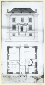 Mechanical copy of drawing showing ground floor plan and entrance elevation.