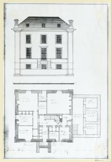 Mechanical copy of drawing showing basement floor plan and entrance elevation.