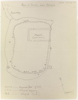 Sketch plan of island in Loch Arkaig showing plan of St Colomba's Chapel.