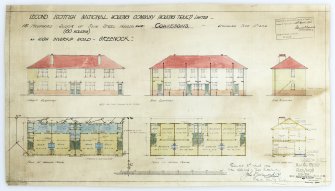 Greenock, Old Inverkip Road, Housing.
Elevations, plans and section for houses.
Titled: 'Second Scottish National Housing Company (Housing Trust) Limited   At High Inverkip Road   Greenock'.
Insc: '15 Proposed Blocks Of Four Steel Houses Each   (60 Houses)   Cowiesons   Standard Type No.S.H.4'.   'Architect's Office   59 Frederick Street   Edinburgh   February 1926'.
Signed: 'A. Hugh Mottram A.R.I.B.A.'   'John Drummond, Depute Dean of Guild'.   '[...], Housing Secretary, Scottish Board of Health'.