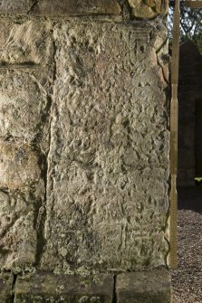 Abercrombie 2 Pictish cross slab, face a (set into left hand side of doorway) including scale