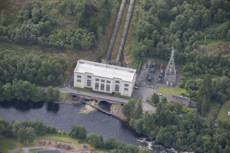 Oblique aerial view of Tummel Bridge hydroelectric electricity generating station.