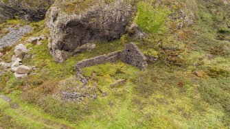 Oblique aerial view of engine house associated with An Toll Mar Luaty and An Lub Chlear quarries