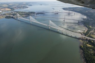 Oblique aerial view of the Queensferry Crossing on the day of the public pedestrian crossing.