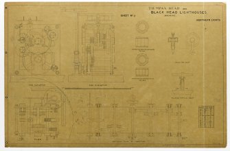 Drawing showing plan, section, elevations and details of machine for Black Head and Tiumpan Head Lighthouse, Lewis.   