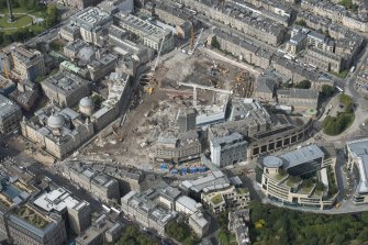 Oblique aerial view of the demolition of the St James' Centre site.