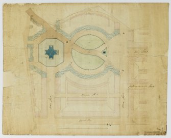 Plan of Royal Circus and adjacent streets, including plan of garden with centrally placed cruciform church.
Signed: 'W H[...]'.