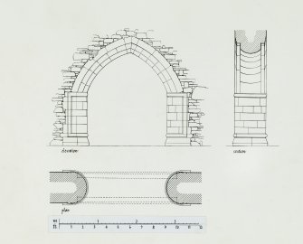 Publication drawing; elevation, plan and section of arch