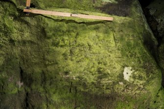 Detail of incised cross and other carvings (with scale).