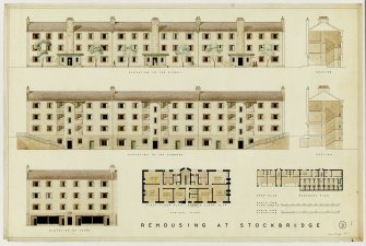 Presentation drawing showing plans, elevations and sections of a design for housing at Stockbridge signed by Jean Payton Reid.