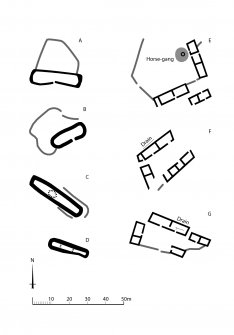 Comparative plans of Pitcarmick-type buildings and 19th century steadings. Generated from RCAHMS computer file DC37329.ai.