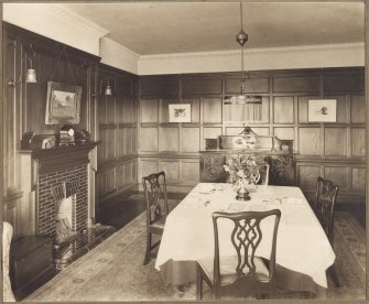 View of  the dining room, The Priory, Abbeylands, High Street, Dunbar but inscribed on verso 'Craiglockhart Terrace, Edinburgh. John Jerdans own house'. Photograph on Card - Mounted

