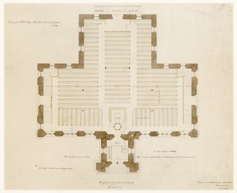Plan of ground floor showing arrangement of pews.
Titled: 'Design for Rebuilding Ramshorn Church Glasgow No III'  'For the Lord Provost and Magistrates'  'Plan of the Ground Floor with Pewing'  'Rickman and Hutchinson Architects, Birmingham  5 Ma. 1824'