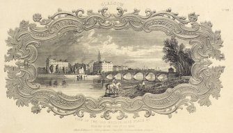 Engraving of View of The Old Bridge, Park Place & C (from the south side of the River