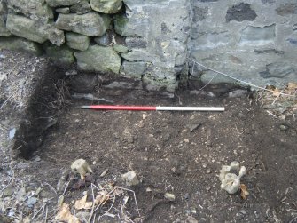 Trench 2. Mortar and stone rubble (010) exposed after removal of dumped soil (009), direction S