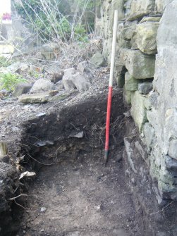 Trench 2. Section at E end of trench showing layers (009) and (010) on top of floor horizon , direction W