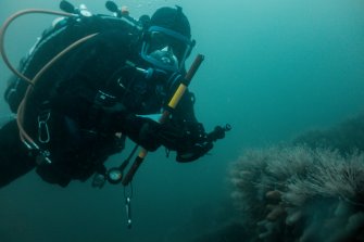 Volunteer student diver Bob Mackintosh inspects the damage to the bow of the Thesis during SAMPHIRE 2015 fieldwork. Photo: J. McCarthy (© WA Coastal & Marine 2015).