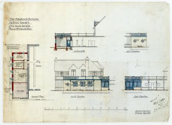 Plan, section and elevations of Cleaning, Drying, Dressing Room and Cycle Shed of Club House