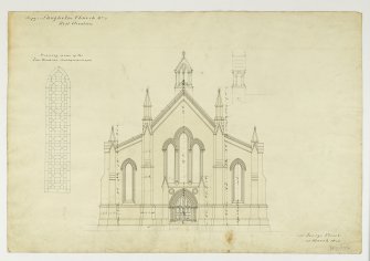 Drawing showing West elevation and detail of zinc window, Langholm Parish Church.