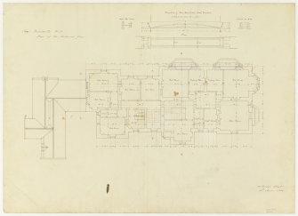 Drawing showing plan of bedroom floor and details of iron beam over oriel windows, Ninewells House.