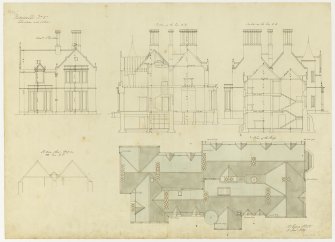 Drawing showing elevations and sections and plan of roof, Ninewells House.