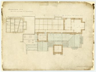 Drawing of bedroom floor plan over drawing room, Hoddom Castle.