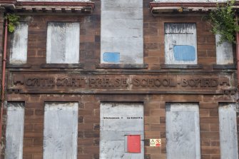 Detail of carved inscription on south face 'Cathcart Parish Board School'.