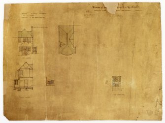 Drawing showing 'elevatons of new drawing room etc', including east elevation, cross section, stair detail, roof plan and elevation of library oriel, Kirkside, St Cyrus. House for Col. Fraser.
