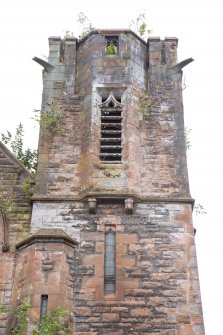Detail of tower from north-east, Clune Park Church of Scotland, Robert Street, Port Glasgow.