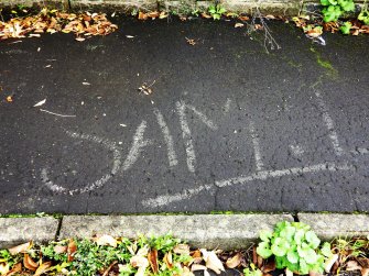 Graffiti on the pavement at the north end of the bridge.