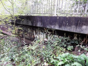 A view of some of the graffiti, largely obscured by vegetation, on the steel beam supports of the footbridge.