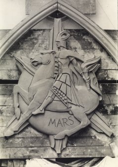 View of 'Mars' from the planets series of carvings in the roof of the shrine above the windows, Scottish National War Memorial, Edinburgh Castle.