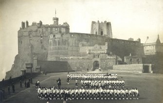 Photographic montage of Edinburgh Castle showing unexecuted design for the Scottish National War Memorial in situ.

