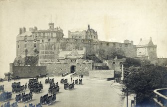 Photographic montage of Edinburgh Castle from the Esplanade showing approved design for war memorial in situ with a reduction in height.
